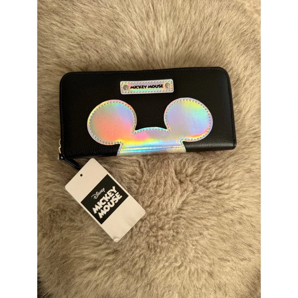 Disney Mickey Mouse Black Iridescent Holographic Zip Around Wallet New